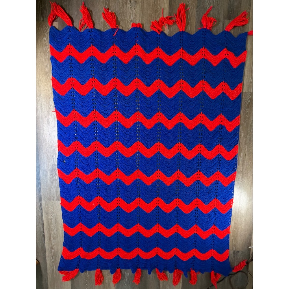 Handmade Crochet Afghan Blanket Unisex OS Red Blue Chevron Ripple Tassel Throw